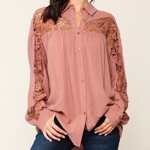 Crochet Button Up Shirt Salmon Long Sleeve Nude Rayon Lace Boho Colored NEW